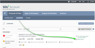 Screenshot of SDL Account page showing Trados Studio 2019 Freelance license with an option to reset license and a notification that it is currently in use.