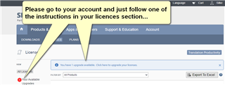 Trados Studio screenshot showing a yellow warning message 'Please go to your account and just follow one of the instructions in your licenses section...' with an arrow pointing to the 'Account' tab.