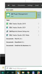 Screenshot showing Trados Studio interface with the 'SDL Plugin Management' option highlighted in the Apps menu.