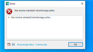 Error message in Trados Studio stating 'No possibility to find a particular file' in Polish language with an OK button and links to Knowledge Base and Community.