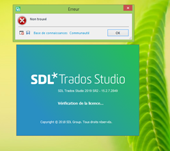 Error dialog box over SDL Trados Studio splash screen with message 'Non trouve' which translates to 'Not found' in English.