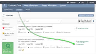 SDL Trados Studio licensing page showing available licenses for Corrado Panci. A green arrow points to the 'Upgrade Now' button for Studio 2017 Freelance.