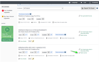 SDL Account Licenses page showing Trados Studio Freelance license with an option to reset activation highlighted by a green arrow.