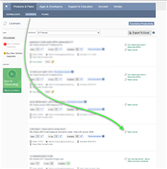 Trados Studio account licenses page showing an arrow pointing to the 'Reset' button next to a listed license.