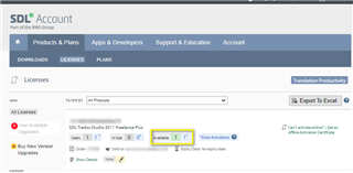 Screenshot of SDL Trados Studio account page showing available activations for the product, with 1 of 1 available.