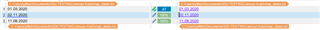 Screenshot of Trados Studio showing text segments with track changes turned on, highlighting changes in blue and orange.