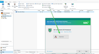 Trados Studio 2017 Pro activation window with an arrow pointing to the 'Deactivate' button.