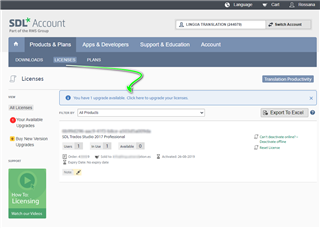 SDL account licenses page showing an available upgrade for Trados Studio 2017 Professional to Studio 2021.