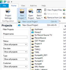 Trados Studio 2021 interface showing the Projects view with options to create a new project, open existing projects, and view project files. A list of projects is displayed with names like Honey2, Record Source TU, and QET Project.