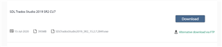 Screenshot showing the download link for SDL Trados Studio 2019 SR2 CU7 with a blue 'Download' button and a note 'Automatic download will start'.