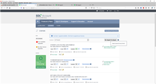Screenshot of SDL Account webpage showing no downloads available in the 'Downloads' section for Trados Studio.