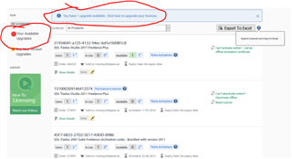 Screenshot of Trados Studio license management page with a notification 'You have 1 upgrade available. Click here to upgrade your license.' and an arrow pointing to the upgrade link.