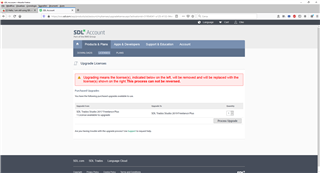 Screenshot of Trados Studio showing an 'Upgrade License' error message indicating the previous license will be replaced and the old one will not be valid.