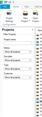 Trados Studio screenshot showing the Projects filter settings with 'Show all projects' selected.