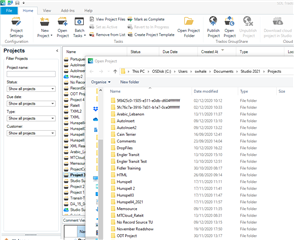 Screenshot of a file explorer window with Trados Studio project folders visible, indicating the location of saved projects.