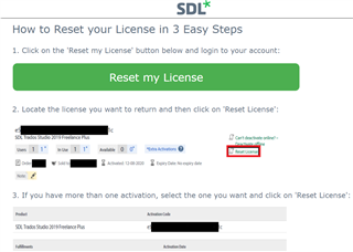 Screenshot of Trados Studio license reset instructions showing three steps with a 'Reset my License' button and a highlighted 'Reset License' link next to a listed product.