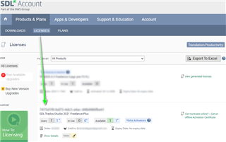 SDL Account licensing page showing available Trados Studio product with activation code, highlighted by green arrows.