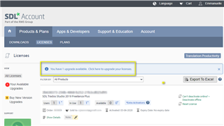SDL Account webpage showing a notification 'You have 1 upgrade available. Click here to upgrade your licenses.' with Trados Studio 2019 Freelance highlighted.