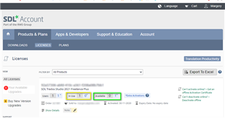 Screenshot of SDL Account Licenses page showing Trados Studio 2021 Freelance Plus with 1 activation in use and 1 available.