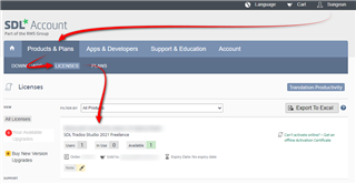 Screenshot of SDL Account page with a red arrow pointing to the 'Licenses' tab and another pointing to 'Trados Studio 2021 Freelance' under 'All Licenses'. No visible errors or warnings.