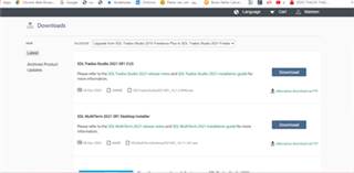 Screenshot of Trados Studio Downloads page, showing available product 'SR1 Trados Studio 2021 SR1 - 16.1.0.2909' with a 'Download' button that appears unresponsive.