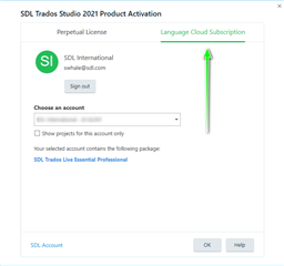 SDL Trados Studio 2021 Product Activation window showing options for Perpetual License and Language Cloud Subscription with an arrow pointing to Language Cloud Subscription.