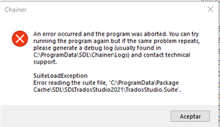 Error message in Trados Studio installation stating 'An error occurred and the program was aborted. SuiteLoadException: Error reading the suite file.' with a suggestion to generate a debug log.