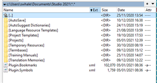File Explorer window showing Trados Studio 2021 folder contents with directories such as AutoSave, Language Resource Templates, Projects, and files like Plugin.Bookmarks and Plugin.Symbols.