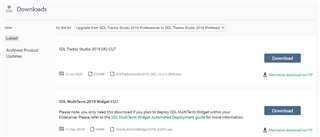 Screenshot of SDL Trados Studio Downloads page showing two available downloads: 'SDL Trados Studio 2019 SR2 CU7' and 'SDL MultiTerm 2019 WidgetUI plugin'. Both have 'Download' buttons and 'Alternate download' links.