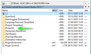 File Explorer window showing Trados Studio 2021 folder with subfolders such as AutoSave, AutoSuggest Dictionaries, Project Templates, Projects, and others. A green arrow points to the 'Projects' folder.