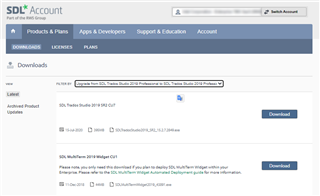 Screenshot of SDL Account Downloads page showing SDL Trados Studio 2019 SR2 CU7 with an active Download button.