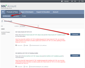 Screenshot of SDL Account download page, with a red arrow pointing to the 'Download' button for Trados Studio 2021 SR1 installation guide.