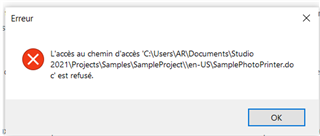 Error message in Trados Studio stating 'Access to the path C:UsersARDocumentsStudio2021ProjectsSamplesSampleProjecten-USamplePhotoPrinter.doc is denied.'