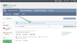 Screenshot of Trados Studio account page showing a green arrow pointing to the 'Licenses' tab with a message 'You have 1 upgrade available. Click here to upgrade your license.'