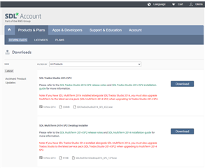 SDL account downloads page showing available Trados Studio 2019 versions for download with no visible errors.