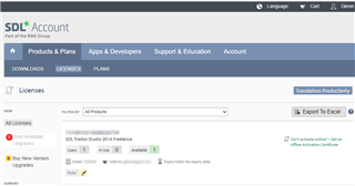 SDL account licenses page displaying an active Trados Studio 2019 Freelance license with an option to show activation code.