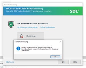 Trados Studio 2019 Product Activation window showing an error message during license deactivation stating multiple instances of the application are active.