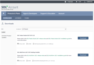 SDL Trados Studio download page showing available downloads for SDL Trados Studio 2019 SR1 CU9 and SDL MultiTerm 2019 SR1 Installer.