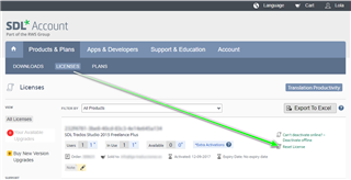 Screenshot of SDL Account page showing the Licenses tab with an arrow pointing to the 'Deactivate online' button next to Trados Studio 2019 Freelance Plus license.
