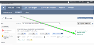 Screenshot of SDL Account Licenses page showing Trados Studio 2021 Freelance Plus with an arrow pointing to 'Reset License Online' link.