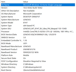 System information window showing OS as Windows 10 Home, version 10.0.18362 Build 18362, on a Lenovo desktop with Intel Core i3 processor.
