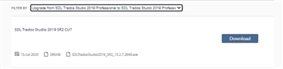 Screenshot of Trados Studio download page showing a single download option for 'SDL Trados Studio 2021 SR2 CU7' with a blue 'Download' button.