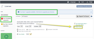 Trados Studio screenshot showing a notification 'You have 1 upgrade available. Click here to upgrade your license.' with an arrow pointing to the 'Reset License' button.