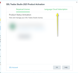 SDL Trados Studio 2021 Product Activation window with two tabs: Perpetual License and Language Cloud Subscription. An arrow points to the Language Cloud Subscription tab.