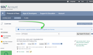 Screenshot of SDL Account page showing the Licenses tab with a green arrow pointing to the 'Click here to upgrade your licenses' link.