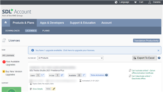 Screenshot of Trados Studio license activation page showing a message 'No license available' with an activated license for 'SDL Trados Studio 2021 - Freelance Plus'.