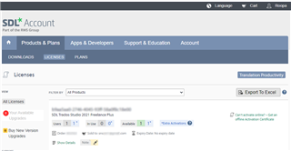 Screenshot of SDL Account page showing Trados Studio 2021 SR1 - Release Plus under 'Your Licenses' with an 'Activate' button.