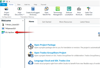 Trados Studio welcome screen with a red dashed line pointing to the 'SDL AppStore' tab.
