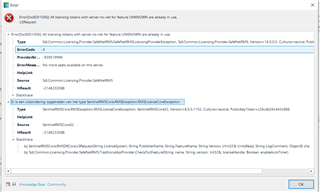 Error message in Trados Studio stating 'All licensing tokens with owner name for feature UNIOWNER are already in use.' with additional error details and a link to the SDL Community for support.