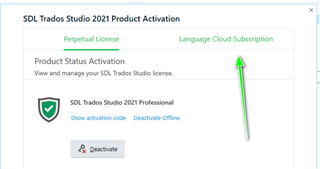 SDL Trados Studio 2021 Product Activation window showing two tabs: Perpetual License and Language Cloud Subscription. A green arrow points to the Language Cloud Subscription tab.